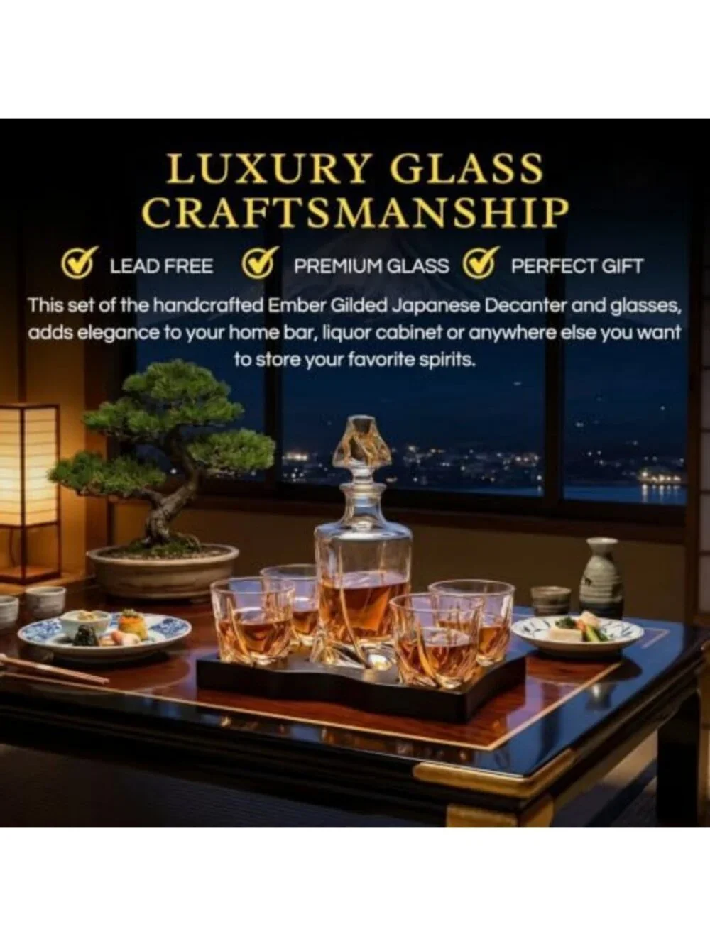 Elegant Japanese Crystal Whisky Decanter Set with 4 Tumbler Glasses - Lead-Free